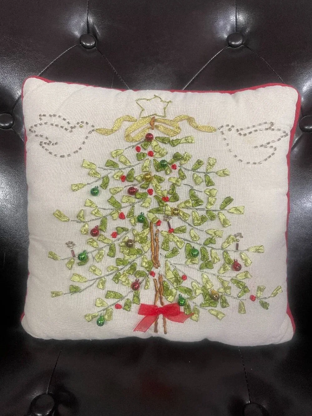 Christmas Tree Ribbon Embroidered Beaded Holiday Accent Pillow 10x10